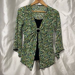 y2k Disco Fairy Groovy Green Yellow Black Scarf Hem Top w/ Silver Ring Detail